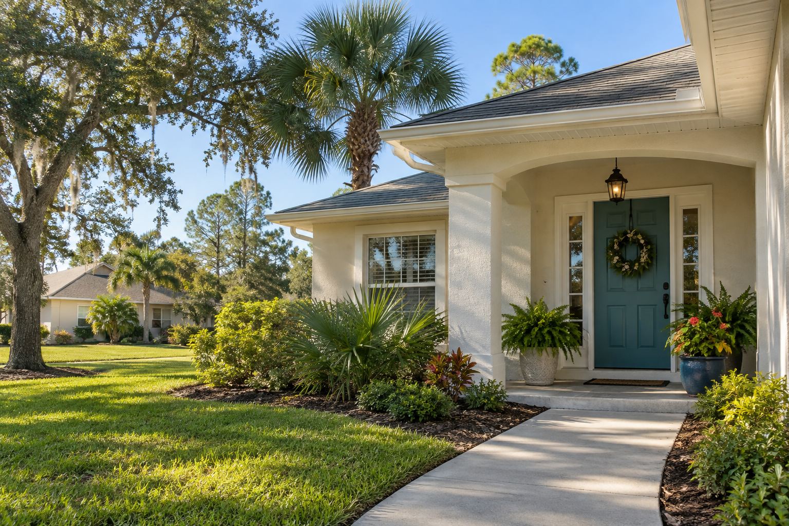 A quiet Citrus County residential street with palms and stucco homes, illustrative