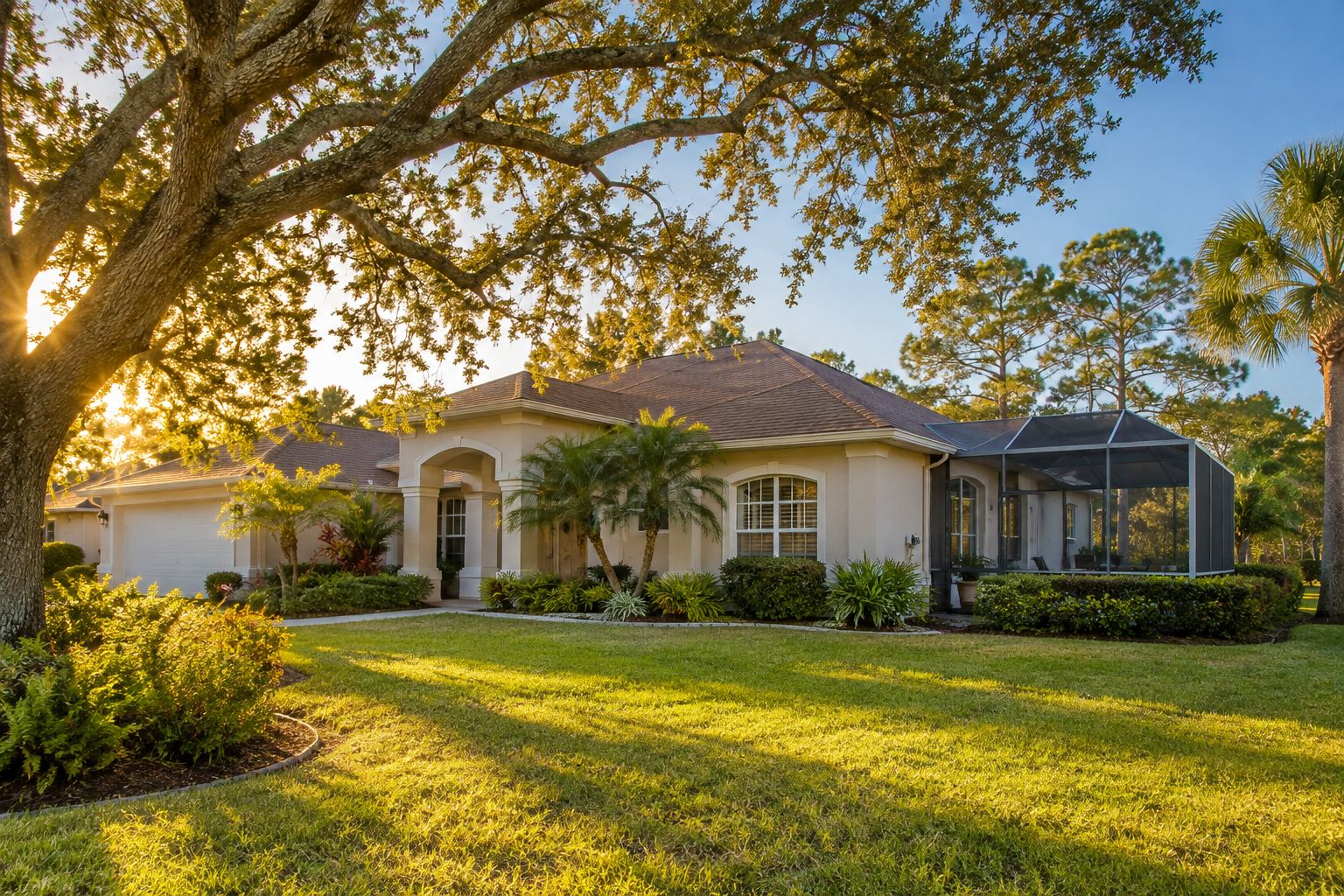 A single story Florida home with a screened lanai and live oak trees at golden hour, illustrative