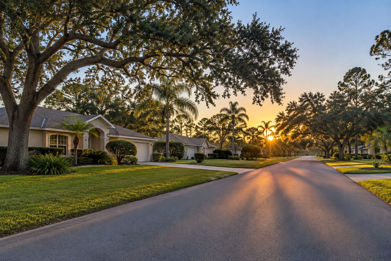A tree lined Citrus County street at golden hour, illustrative